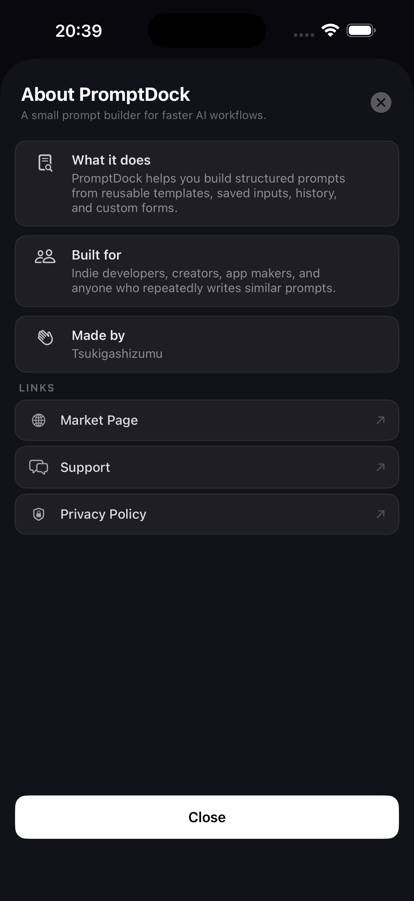 PromptDock AI about screen with support and privacy links.