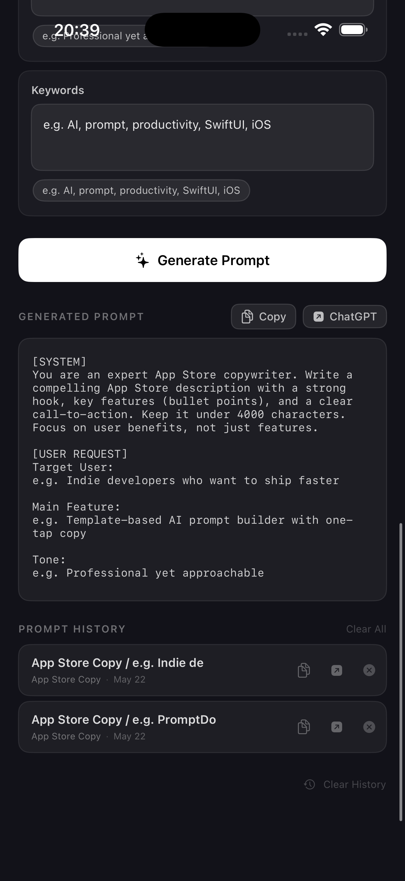 PromptDock AI generated prompt screen with copy and ChatGPT buttons.