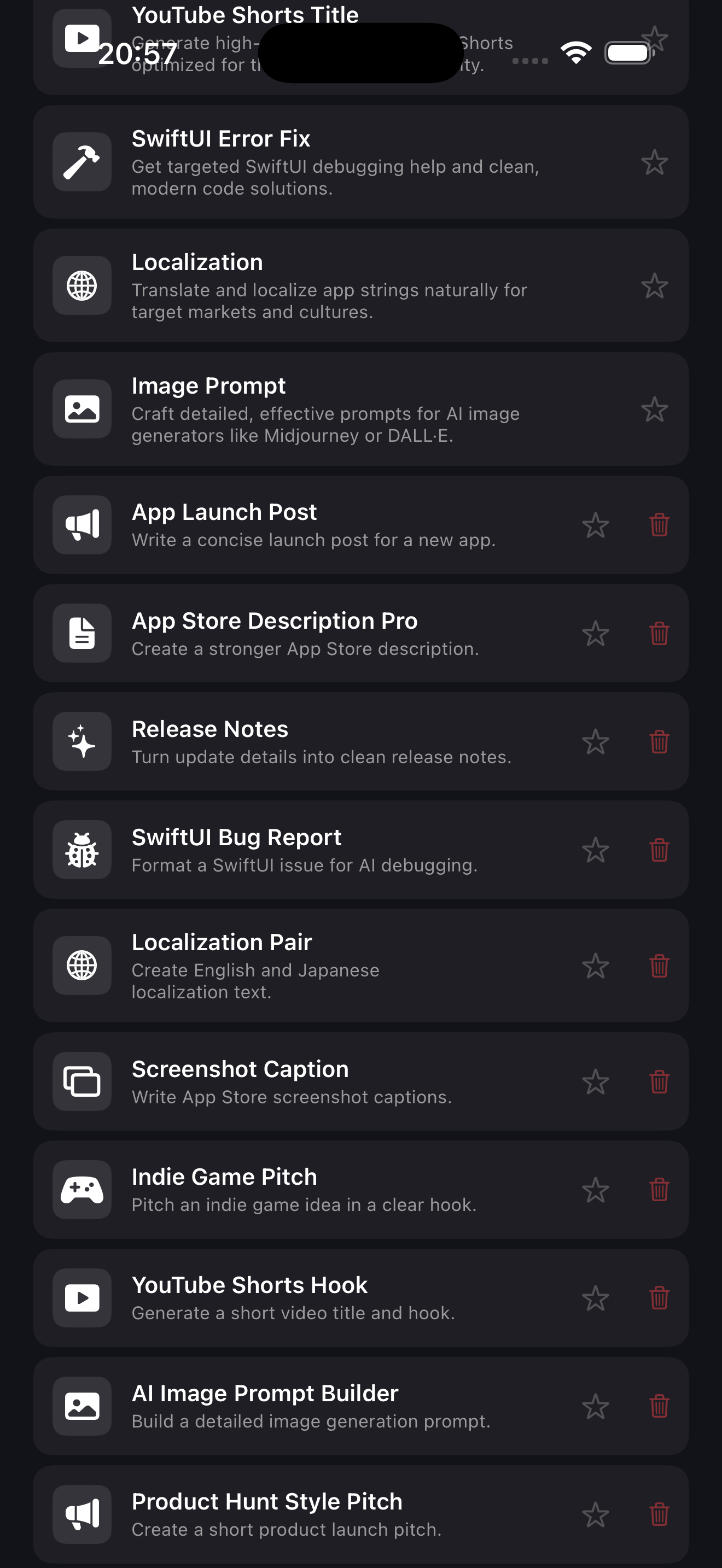 PromptDock AI template picker after importing the free template pack.