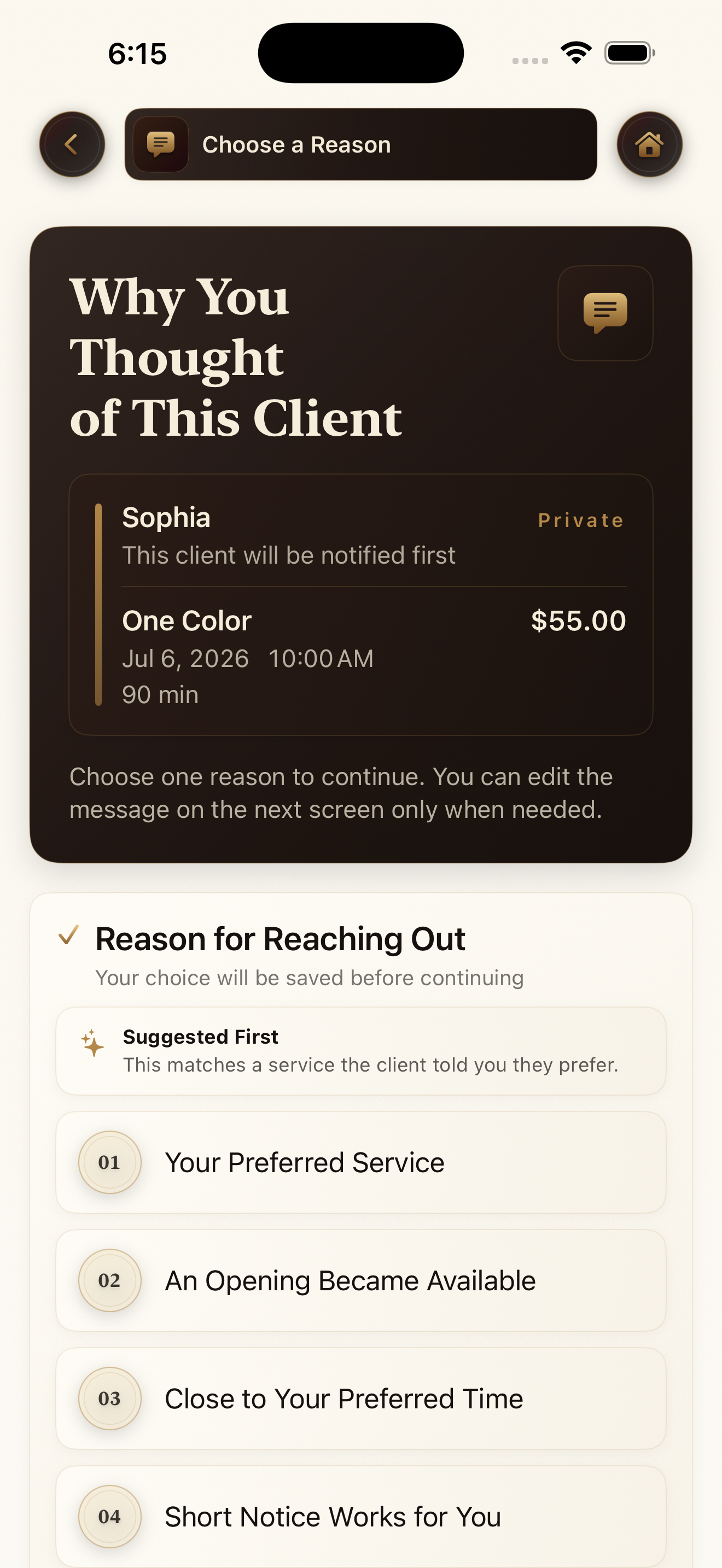 TwelveOath screenshot showing the reason for choosing a client