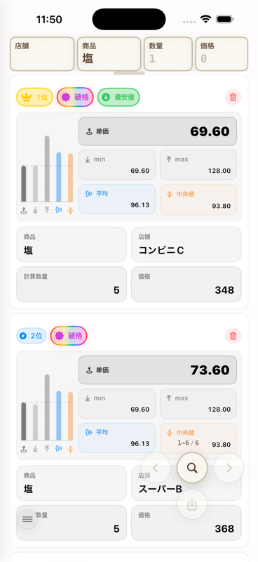 どっちが安い？ のプレビュー画面